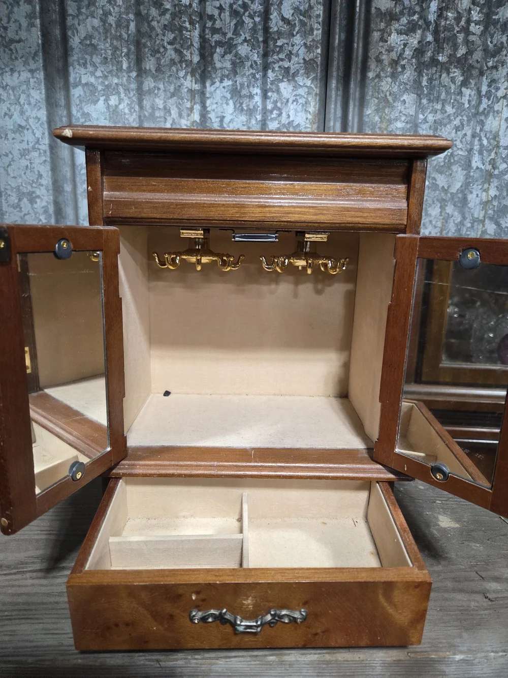 Wooden Jewelry Cabinet with Etched Glass Doors - Brown